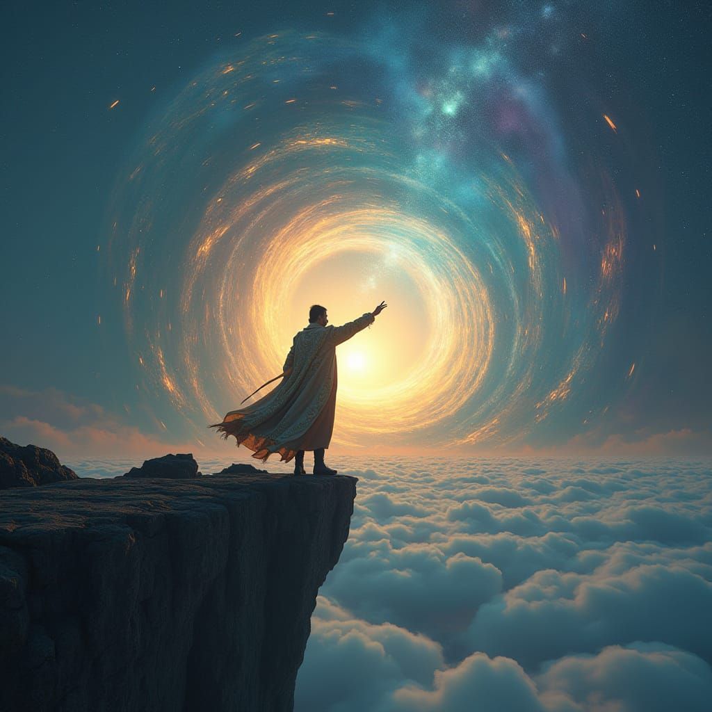 Man Strains to Touch Infinity in a Golden Embroidered Coat