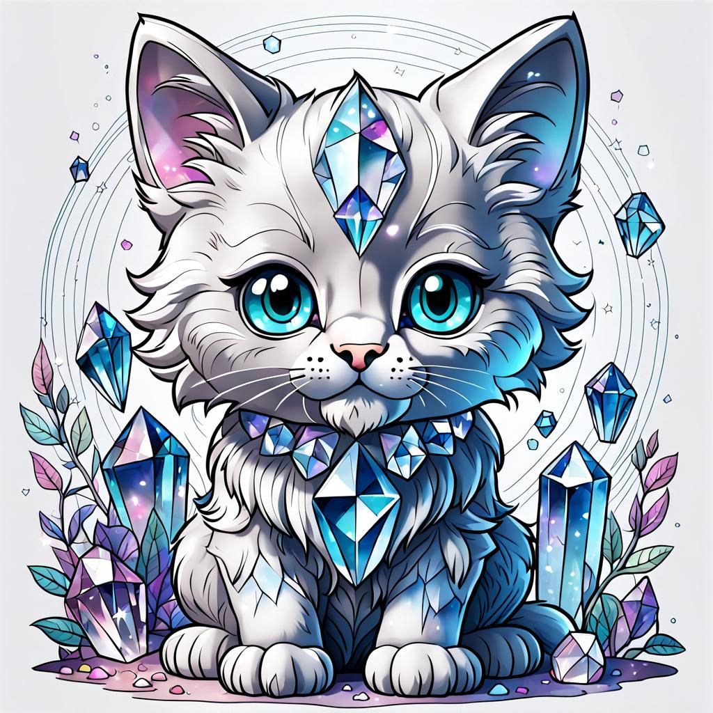 Adorable Crystal Kitten, Digital Illustration, Line Art, Colouring Book, Full Background