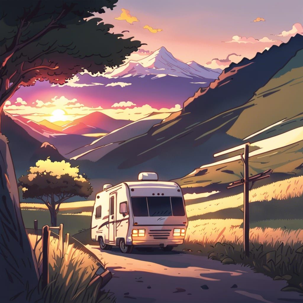 RV in Field at Sunset: Anime Style