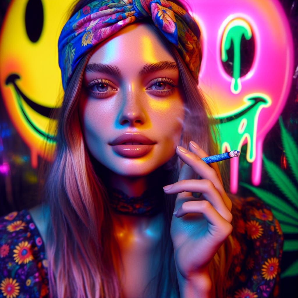 Psychedelic Portrait of a Woman with Floral Scarf