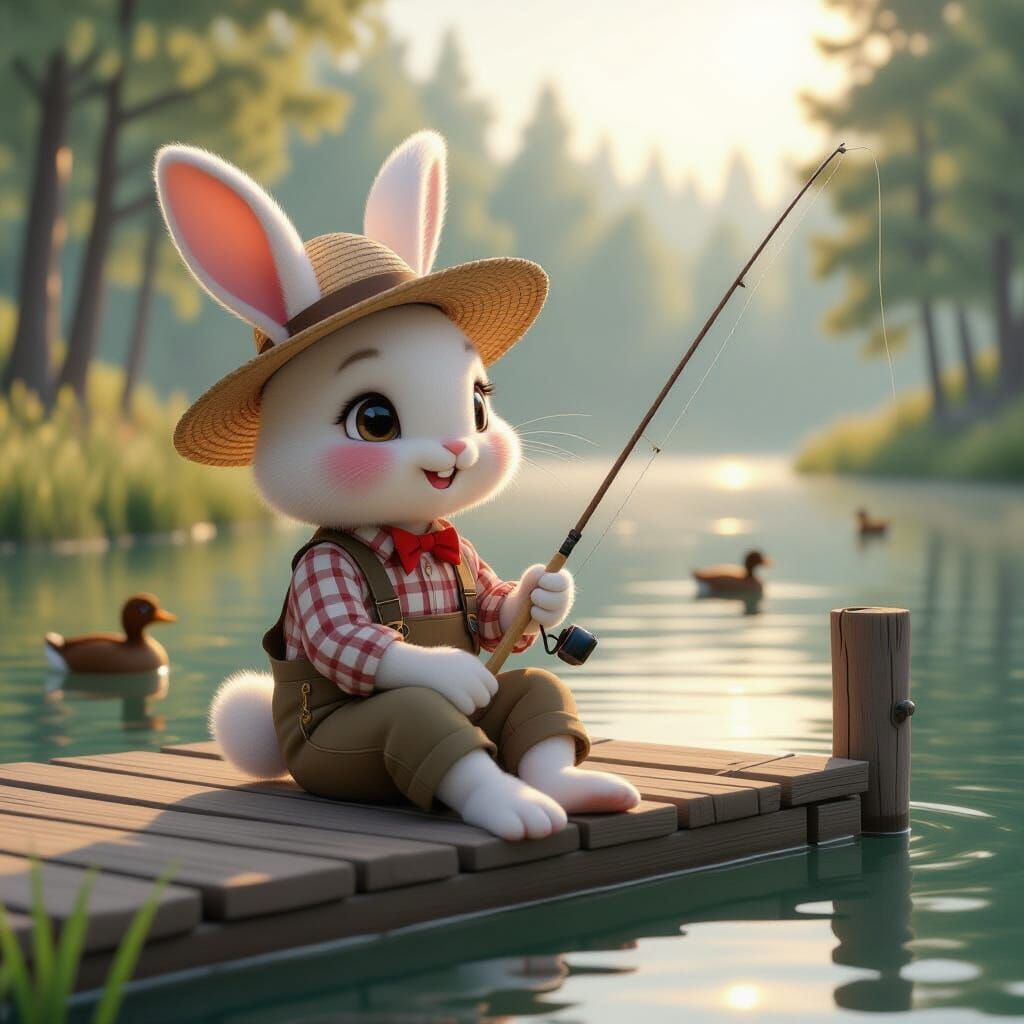 Rabbit Fisherman in Whimsical Anime Style