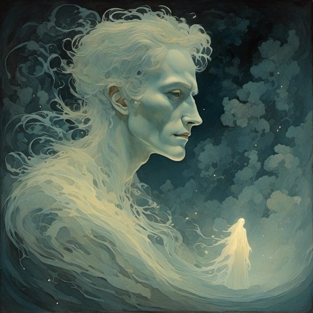 (translucent see-trough extremely-vaporous:1.8) double-exposure profile shot of a Gorgeous man <lora:MoonNight:1.0> ghost. moonlit night. Ve...