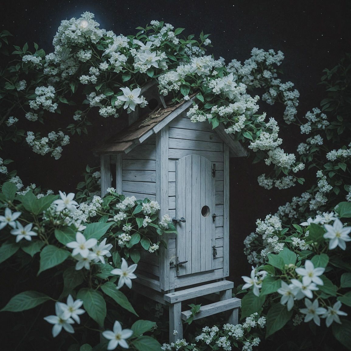 White wooden rectangular playhouse surrounded by night-blooming jasmine