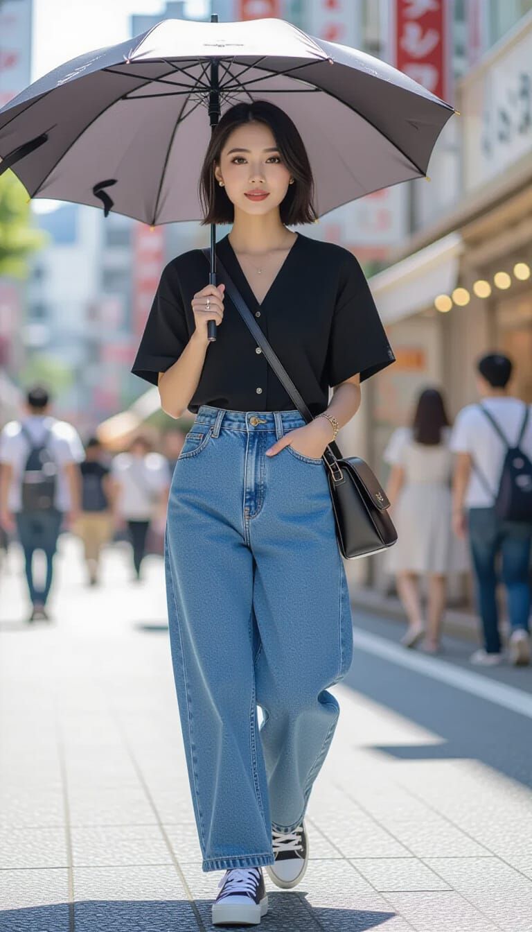 Thai Woman in Harajuku With Parasol and Fashion Sneakers