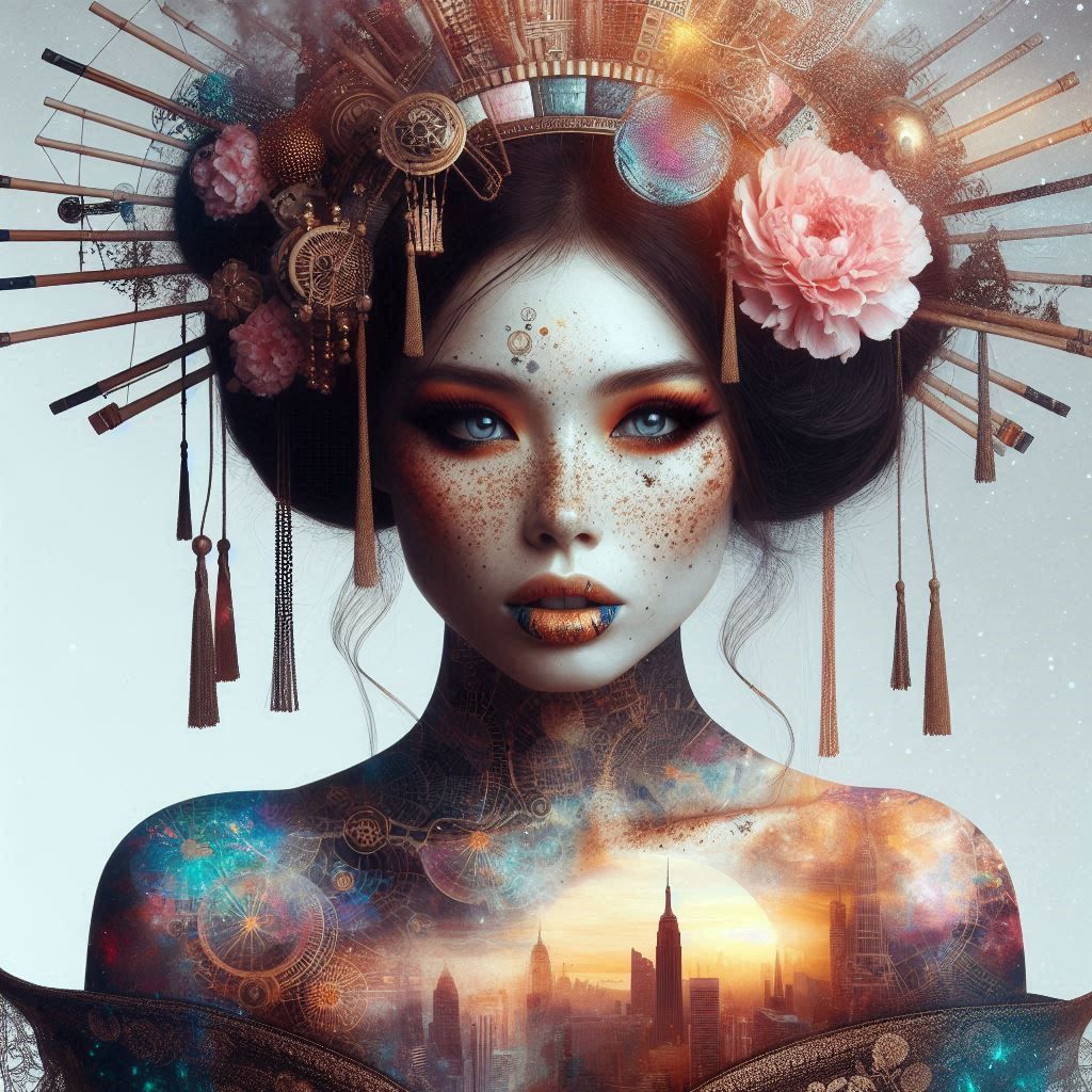 double exposure beautiful fantasy DALL-E 3 portrait landscap...