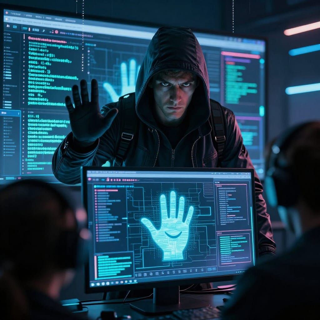 Cyberpunk Hacker Waves Hello After Website Breach