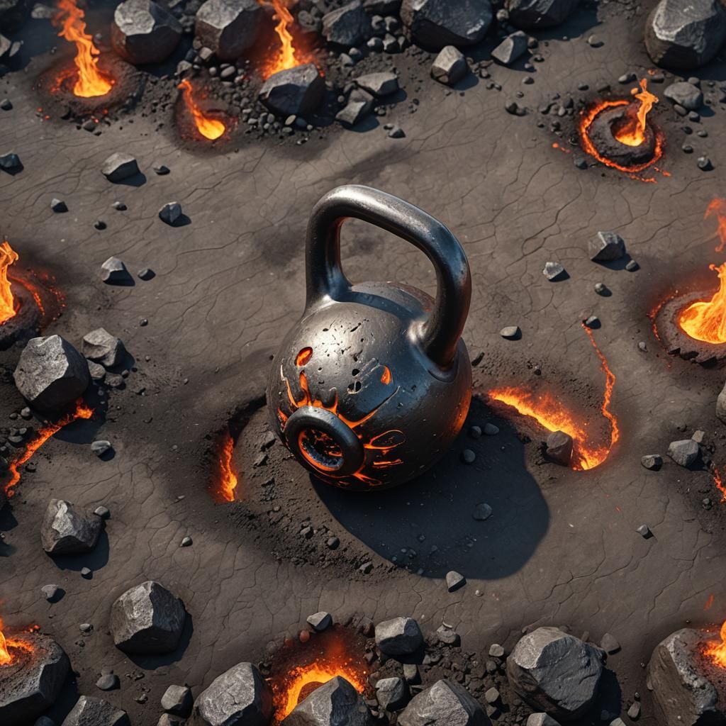 A fire Kettlebell rising from the volcanic grey ground