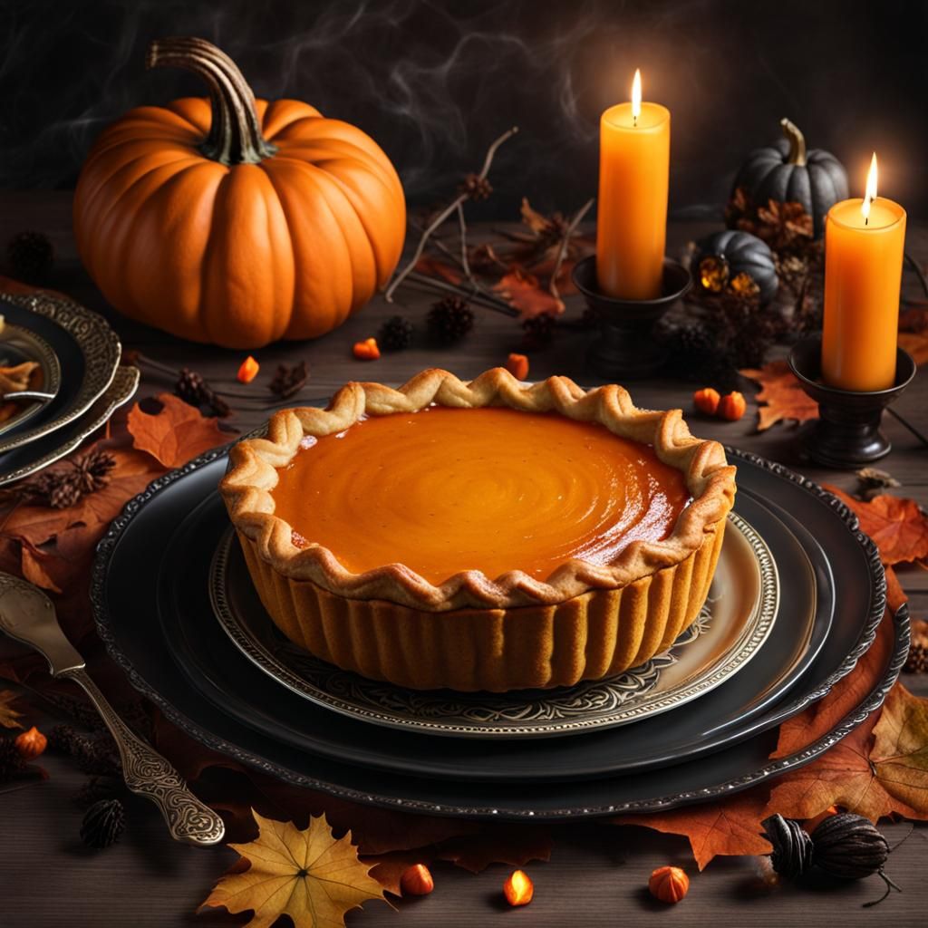 Hyperrealistic a delicious pumkin pie, on an halloween table...