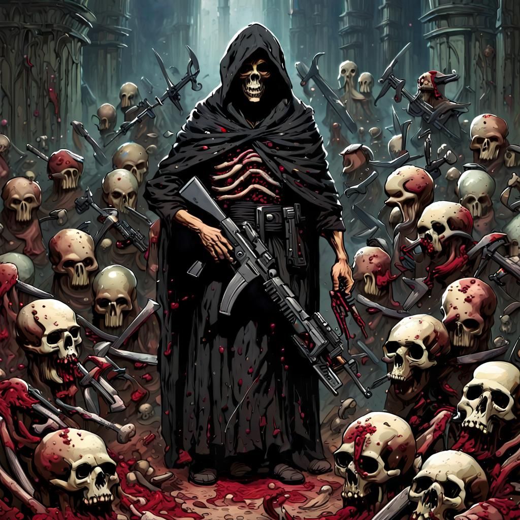 A single individual with a bizzarre black hood and armed with many