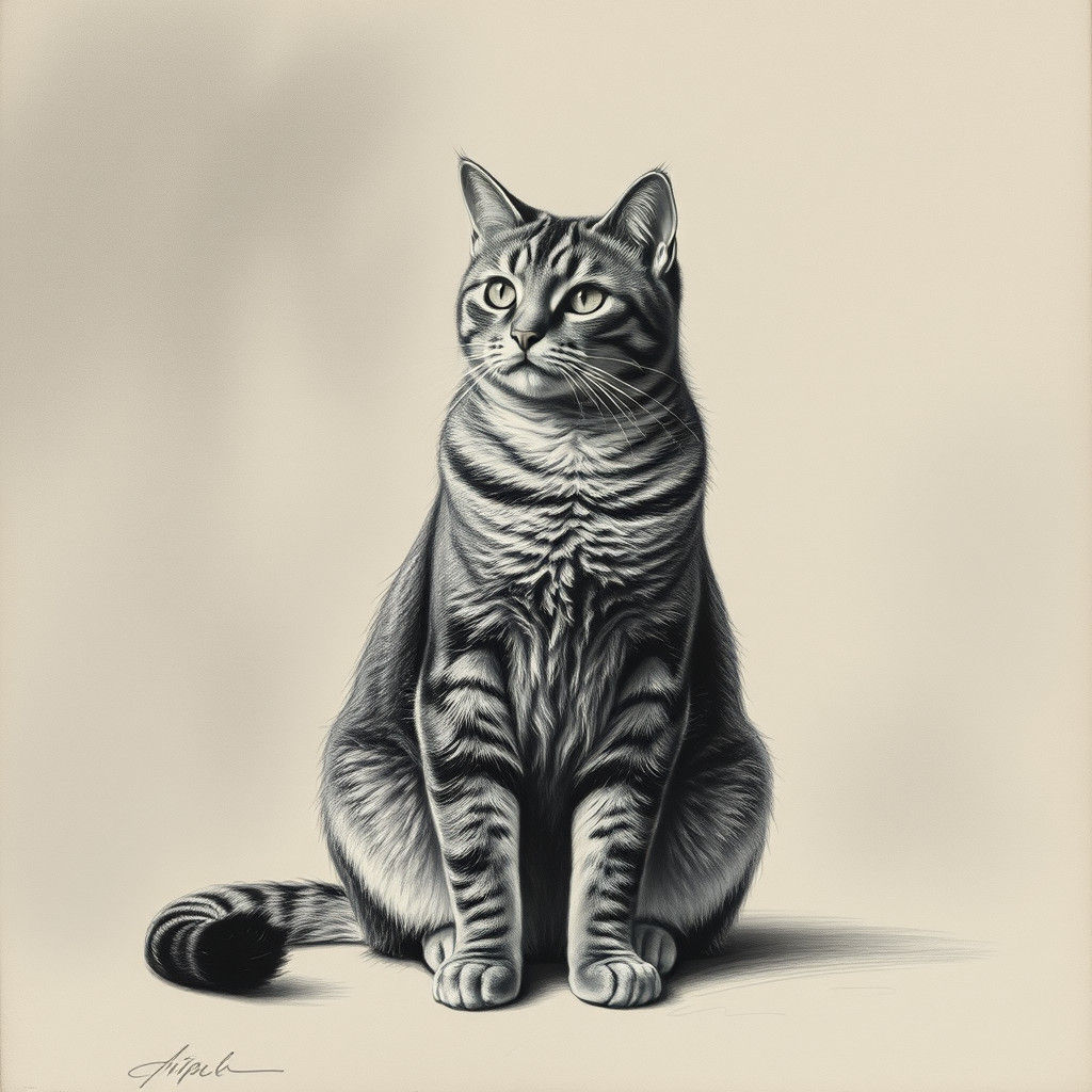 Drawing Sitting cat facing forward in the style of the Germa...