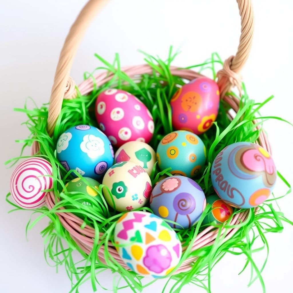 Close up of Easter Egg basket contents. Basket is of pastel colors.  In the basket is green Easter fake ...  by @KEDs