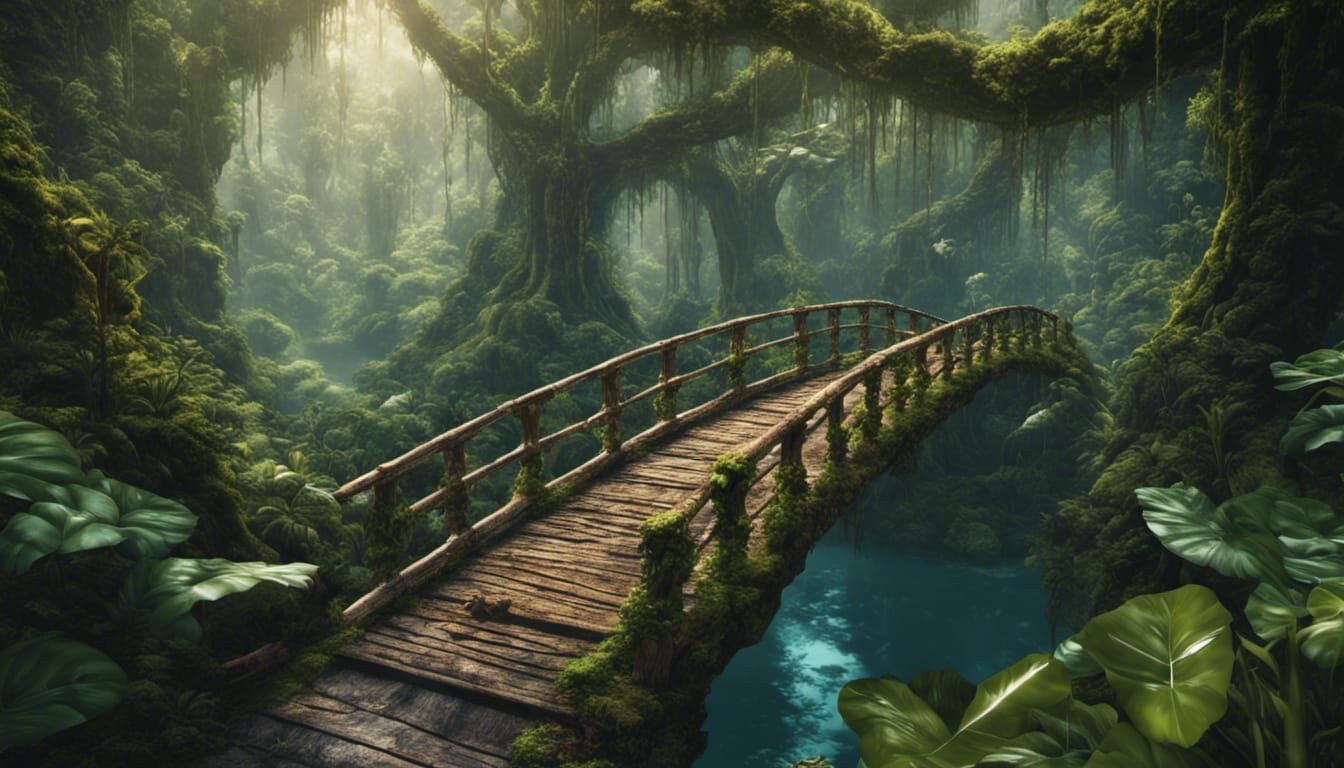 Vine bridge between trees in a giant rainforest  by @Amaya