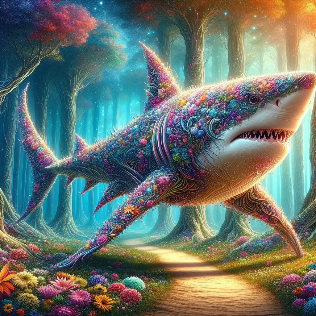 flower shark taking a walk on his fins in a magical forest.