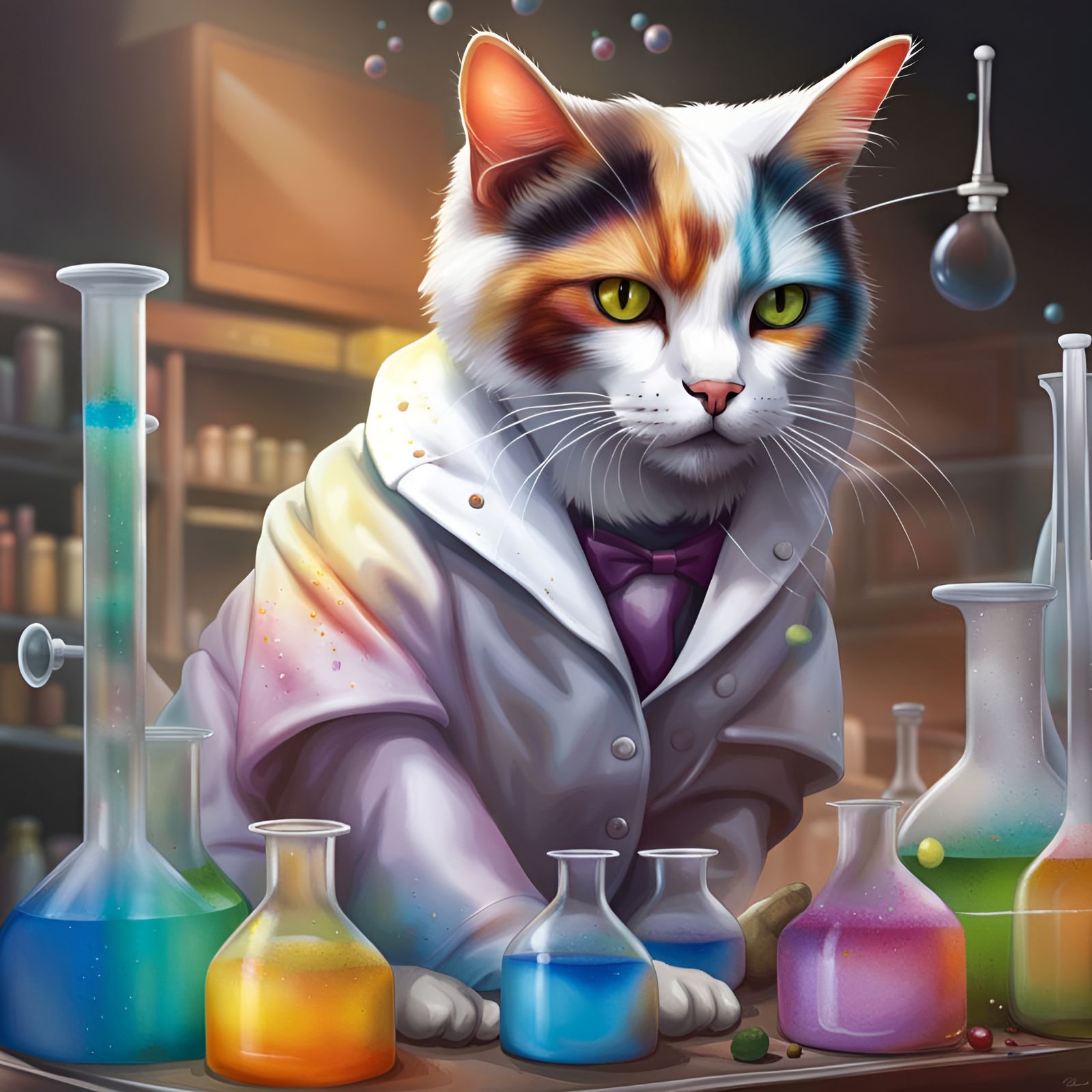 A magnificent view of a calico cat with laboratory coat, safety glasses in an organic chemistry laboratory ...  by @Menno