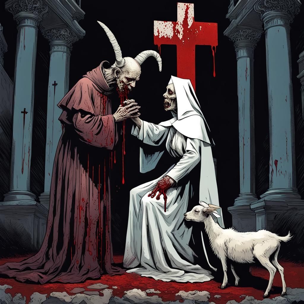 a bloody rotting christian zombie pope with a goat head kiss...