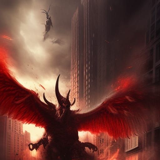 giant devil running through buildings, giant red wings, flyi...