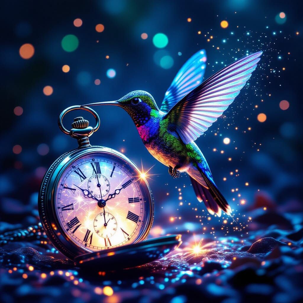 Surrealism. Photograph.Close-up shot. A hummingbird made of liquid Bioluminescent starlight, hovers before a melting pocket watch. Biolumine...