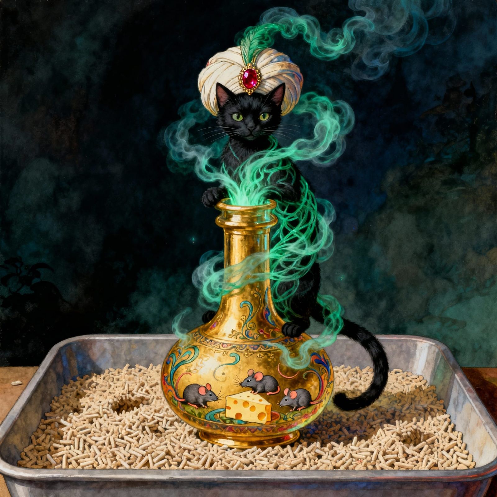 A black cat genie rising out of an ornate bottle. The bottle is decorated with images of mice and cheese ...  by @Torgotom