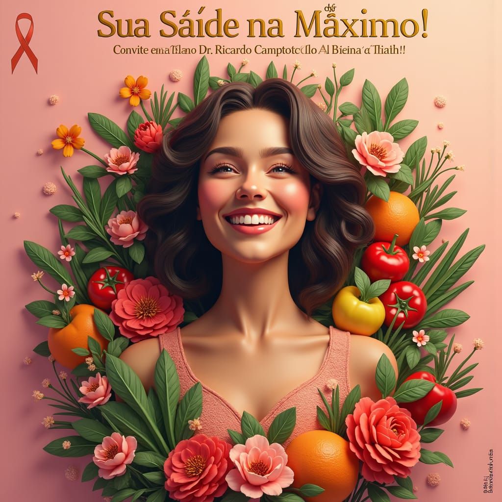 - **Título**: "Sua Saúde no Máximo!"
- **Fundo**: Mulher sorridente, alimentos saudáveis, Outubro Rosa.
- **Dr. Ricardo**: Foto com "Convite...