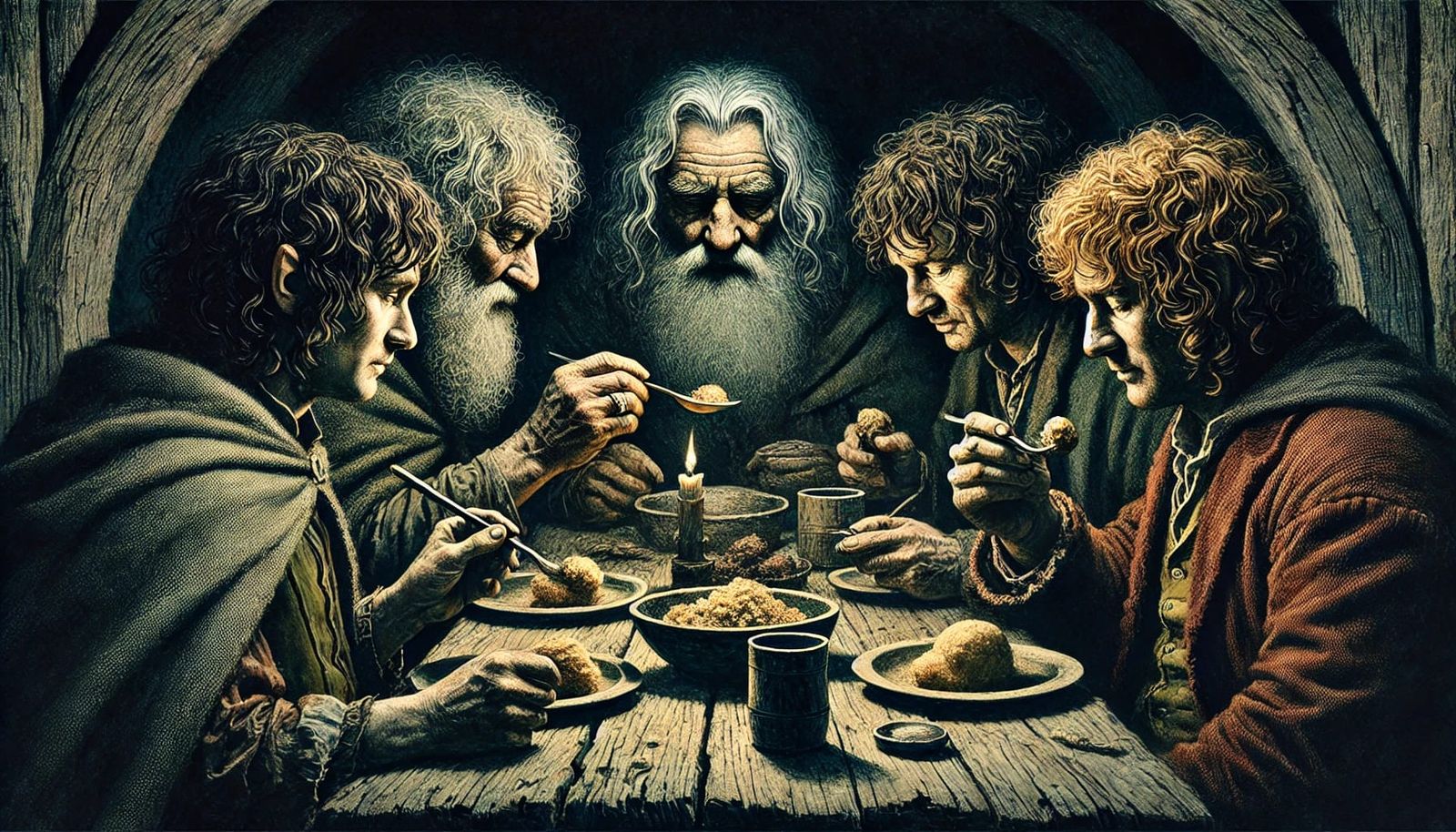 Hobbits and a Wizard enjoying supper together!