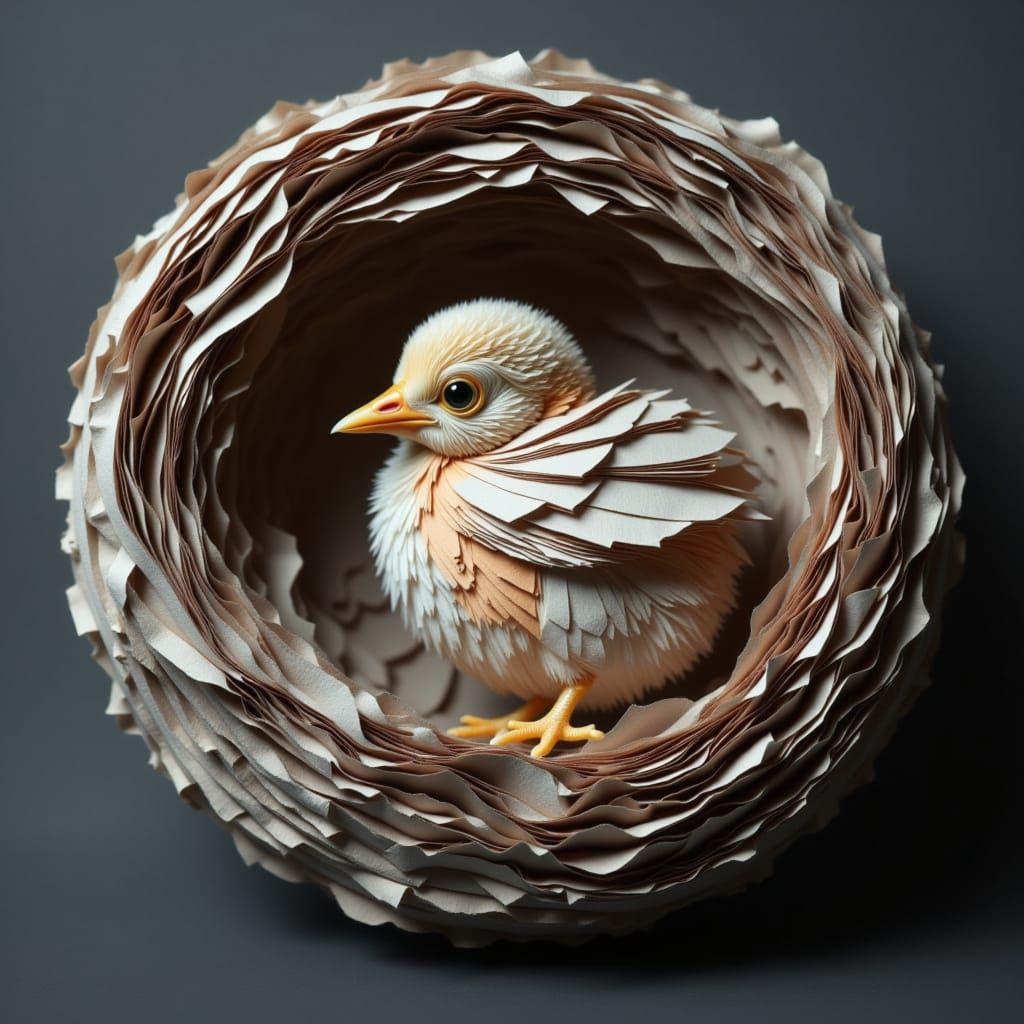 <lora:layers:1.0> a bird in a nest covering a chick with its wings, composed of layers of peeling paper strips. Gradual transition of shades...