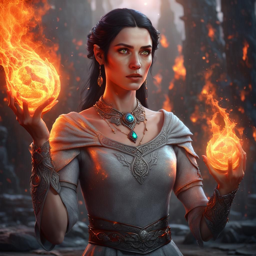 Female half-elf with dark hair grey eyes wearing a light gre...