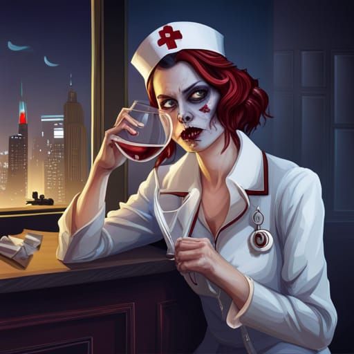 A zombie nurse drinking a glass of wine in a luxurious hotel bar AI