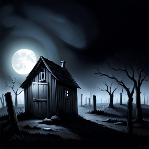 Cursed old shack in on spooky graveyard at night ;; Creepy g...