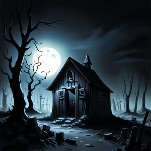 Cursed old shack in on spooky graveyard at night ;; Creepy g...