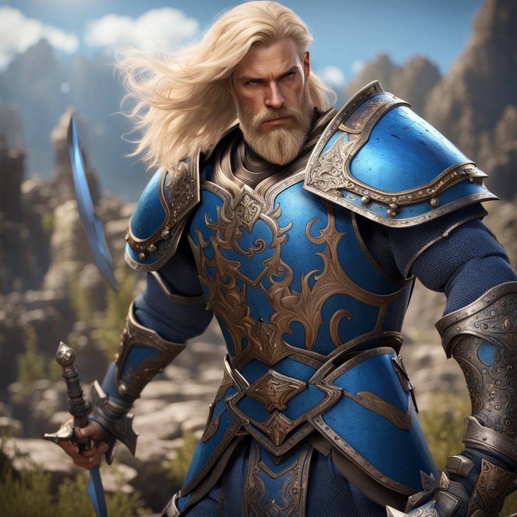 Paladin human beard and medium length dirty blonde hair, wie...