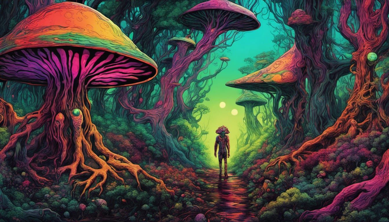 an alien psychedelic forest elf walking in an alien psychede...