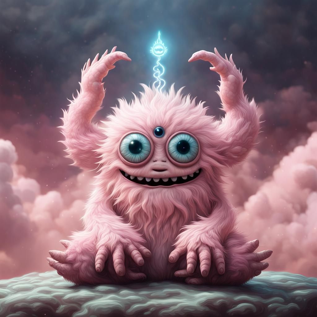 A cute, pale pink furry monster with four arms and a third e...