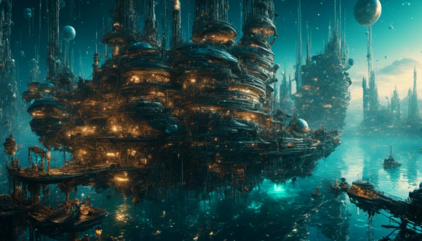 On a water planet, a high-tech factory floats - AI Generated Artwork ...