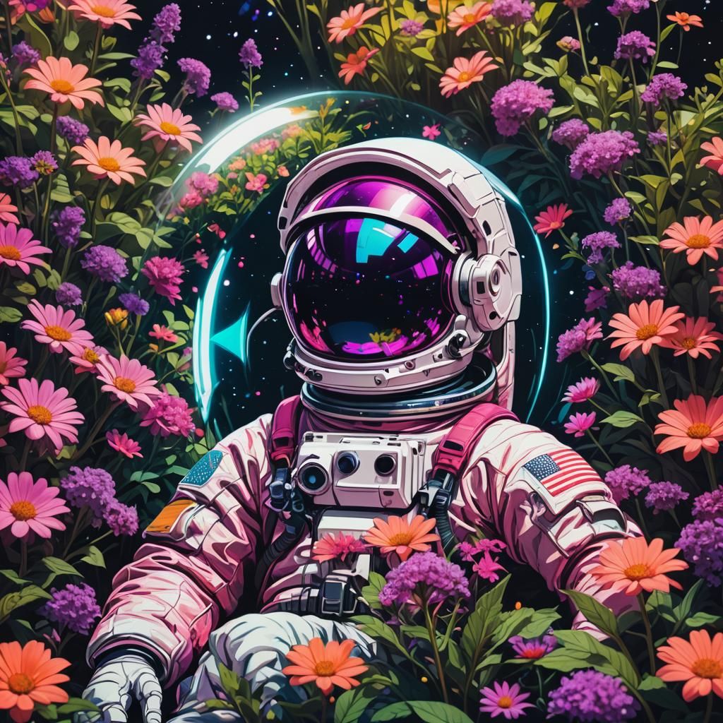 An astronaut lying in a garden of flowers. The universe is r...