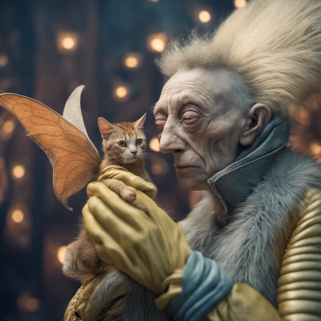 A Very Old Person With their Winged-Cat +