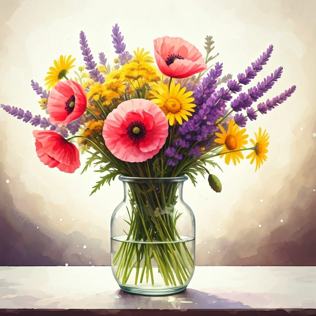 Watercolor Wildflower Bouquet in Transparent Vase