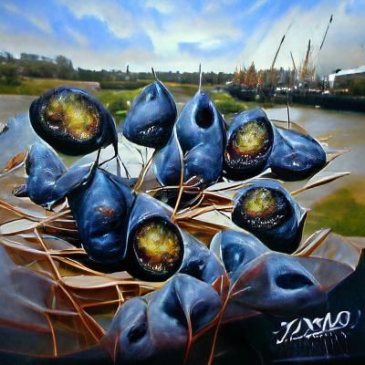 Phazon pods and ooze dark blue sky realistic oil painting by...