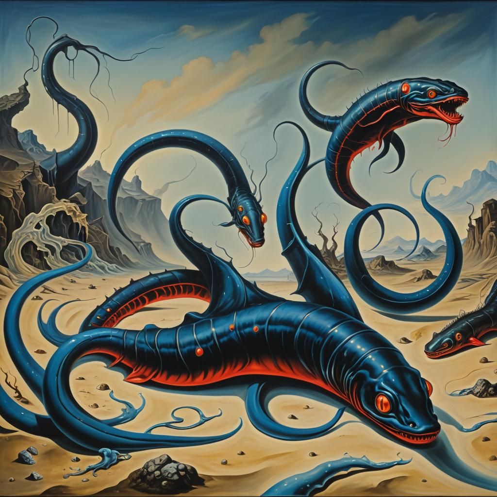 Giant long dark space eel with bold blue stripes, long thin ...