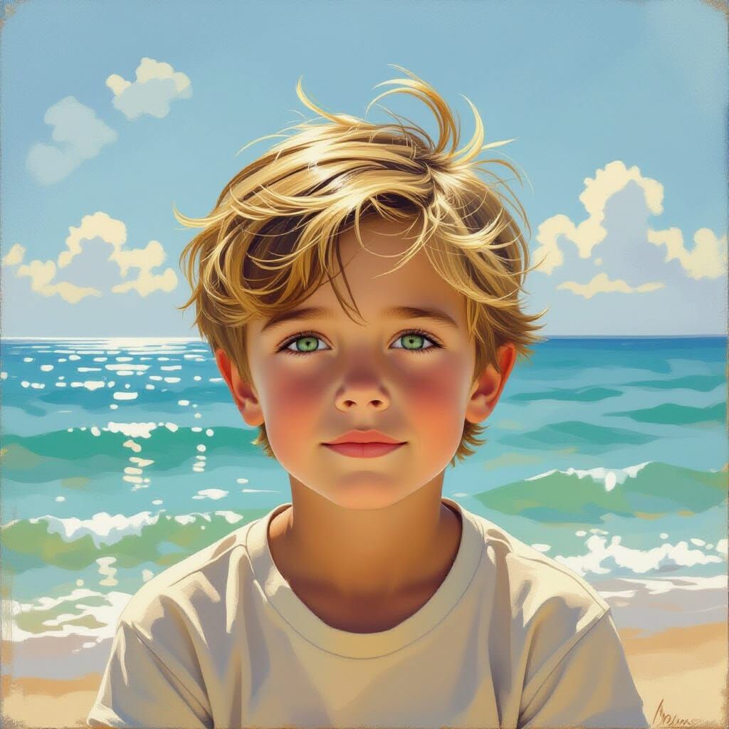 Boy by the Ocean in Vibrant Impressionist Style
