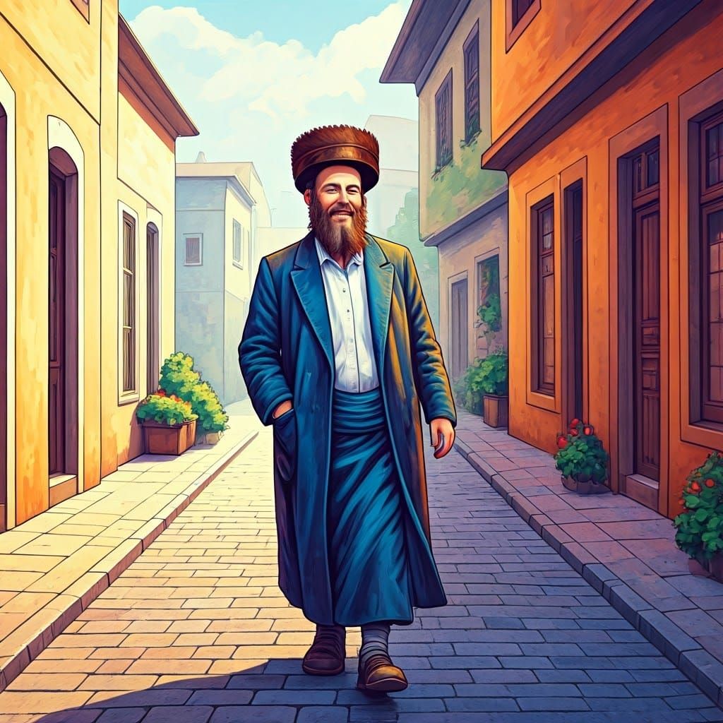 סגנון צבעי מים. יליד חסידי צועד ומחייך