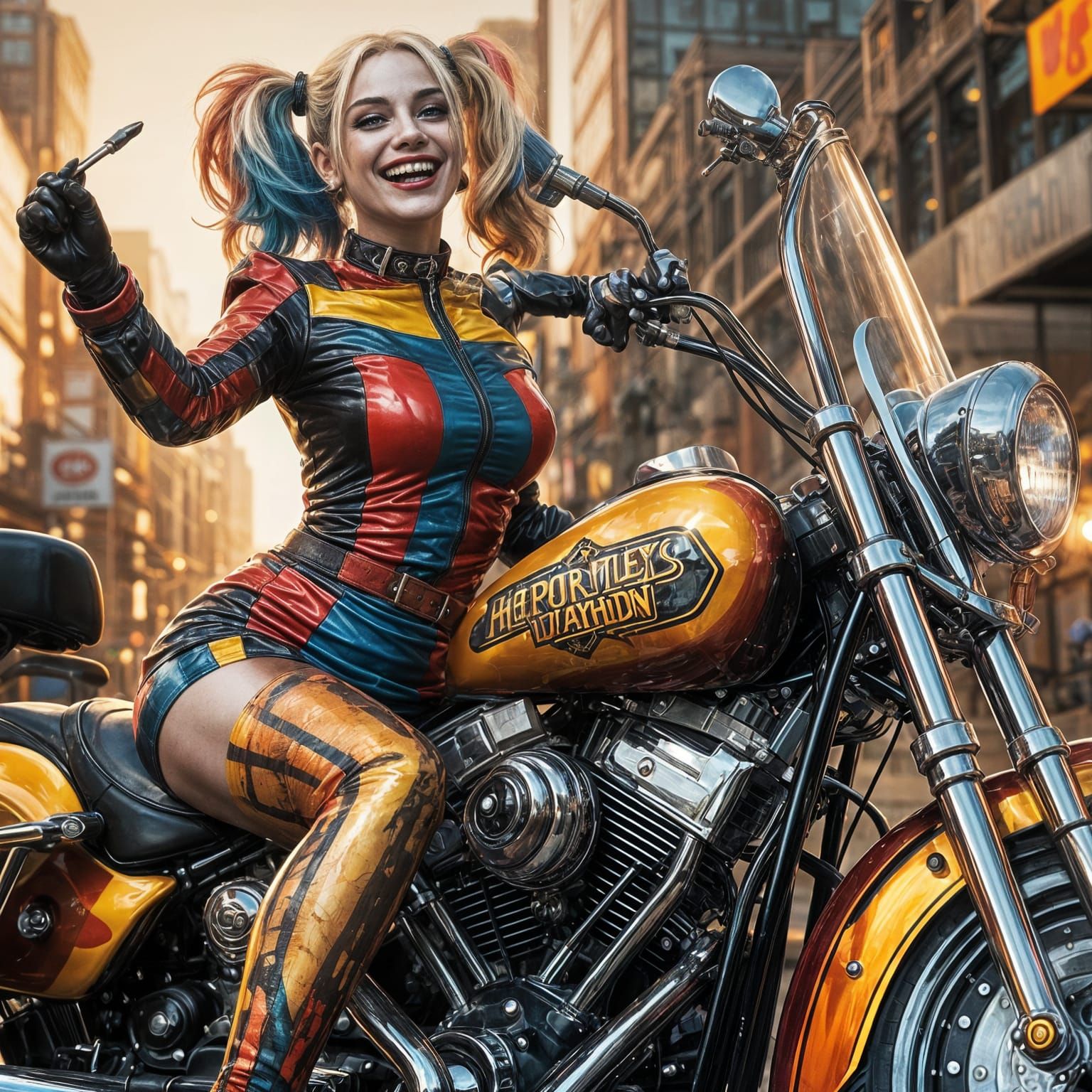 Hyperrealistic Harley Quinn Rides Motorcycle in Latex