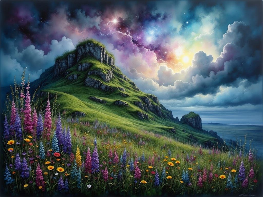 <lora:Ink Poet:1.0> A mountain that is completely full of grass and flowers, and above it are two three-dimensional marble rectangles, in th...