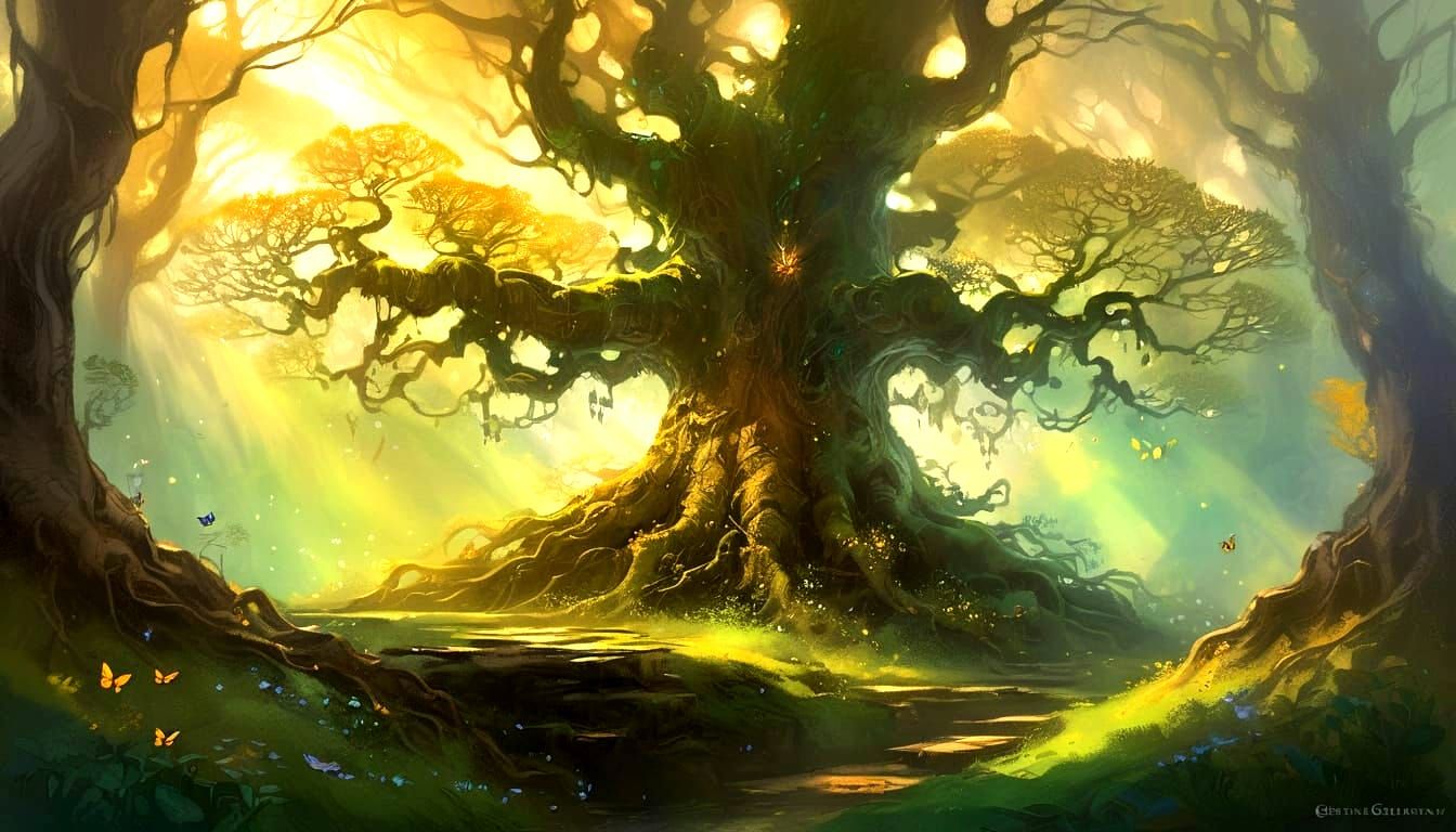 Forest Spirit Emerges from Ancient Oak in Golden Sunlight