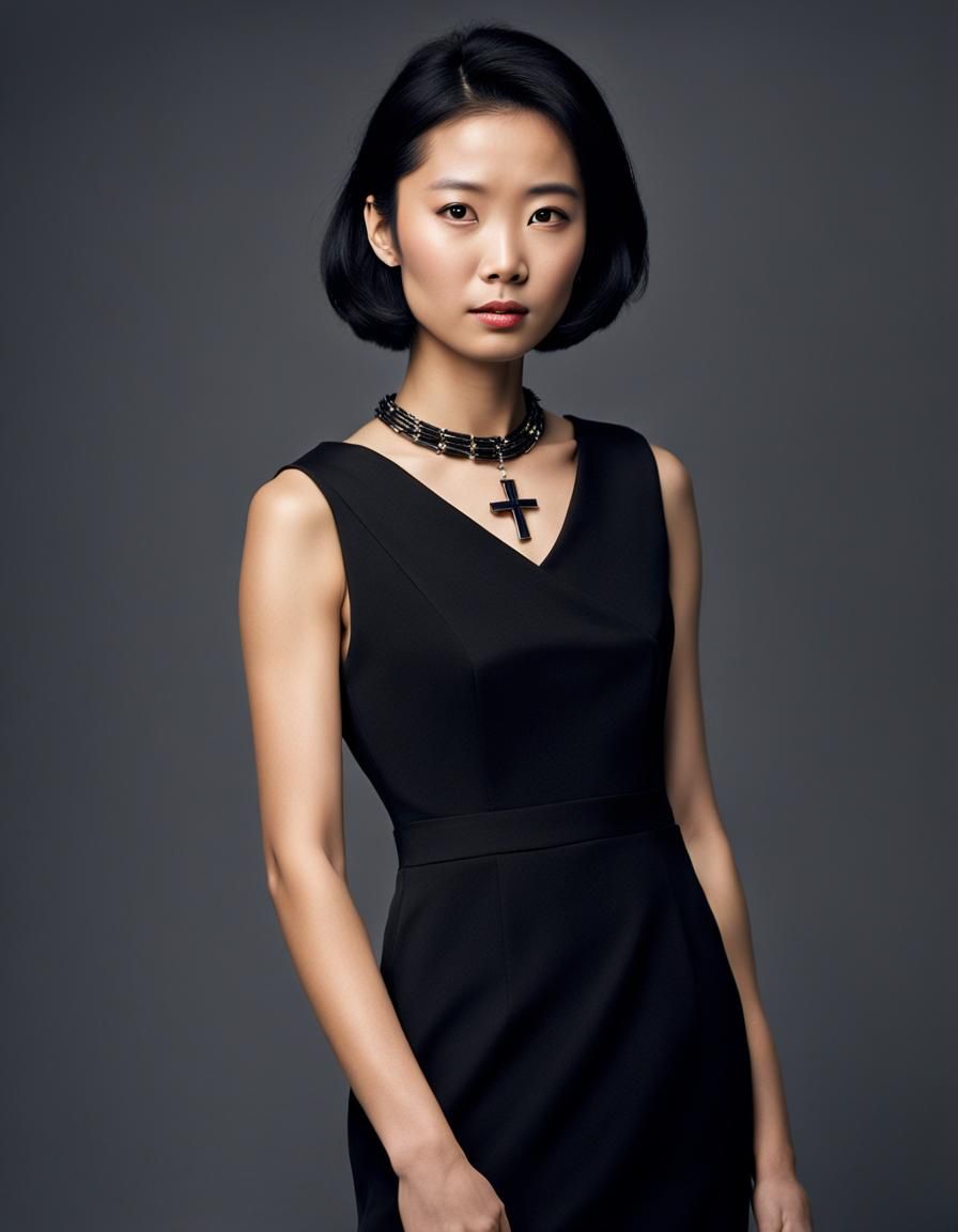 portrait of an asian  woman wearing a black cocktail dress