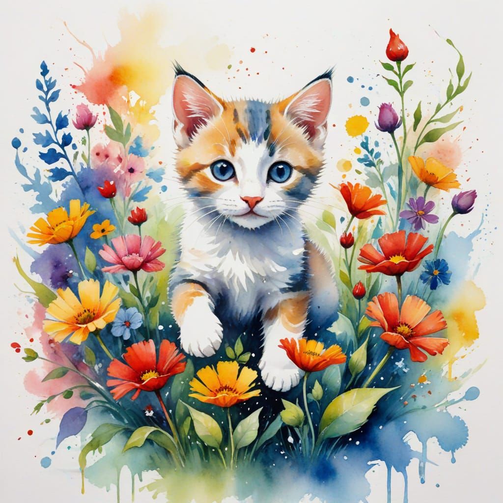 Playful Kitten in Watercolor Flower Garden