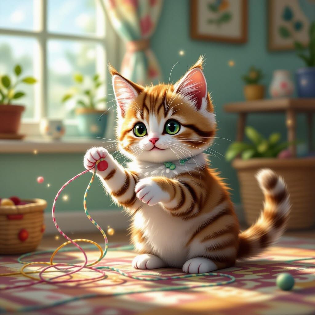 Whimsical Cat Playing with Strings: Dreamy Illustration