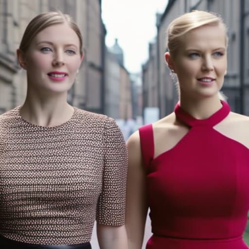 Two attractive women in tight blouses and very short skirts ...