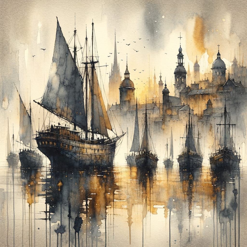 Watercolor Masterpiece of an Aged Harbor at Dawn