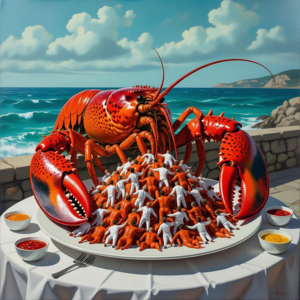 Giant Lobster Dines on Tiny Men by the Sea