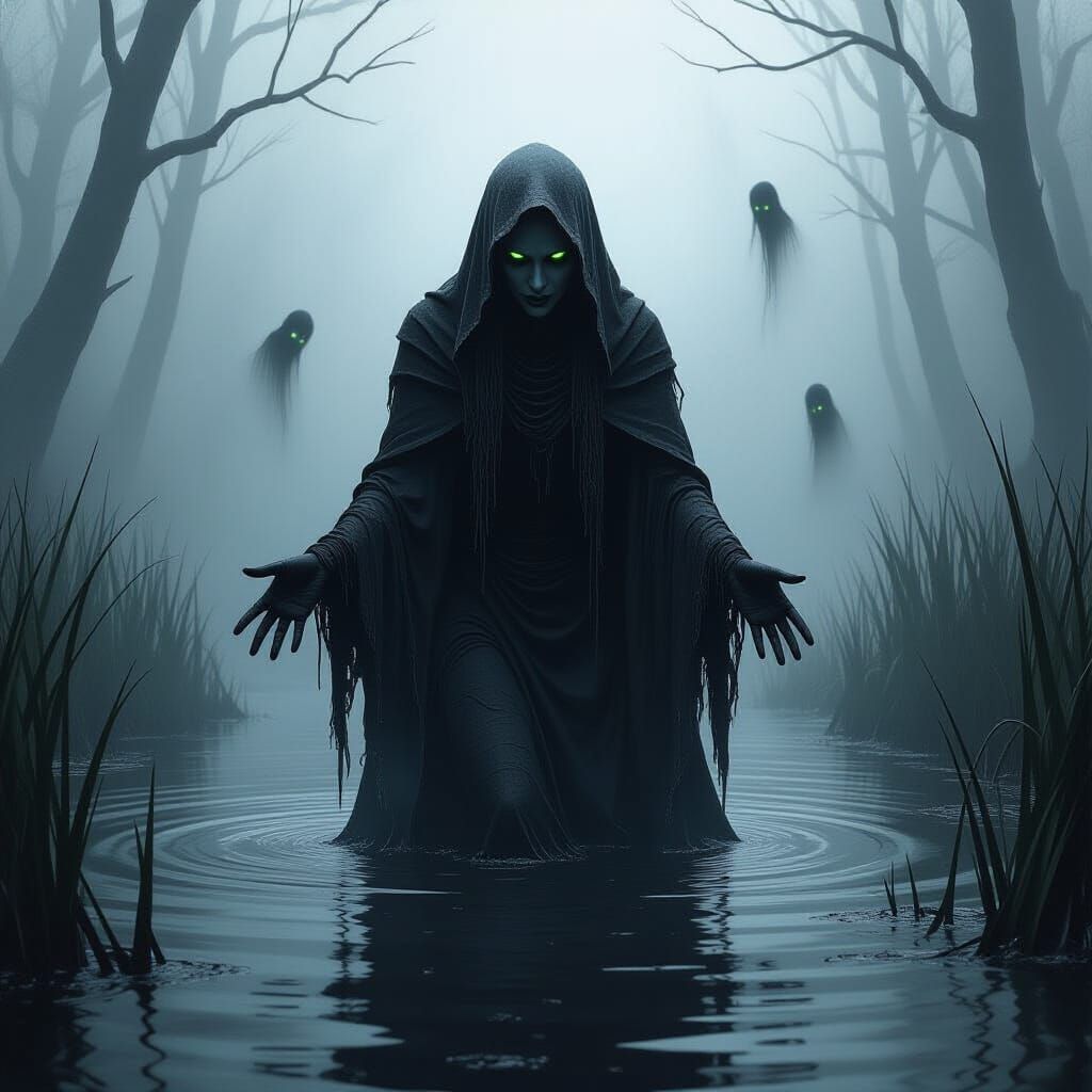 The Swamp Witch: A gaunt witch rises from a black swamp, her tattered cloak dripping with sludge, glowing eyes piercing the fog as ghostly w...